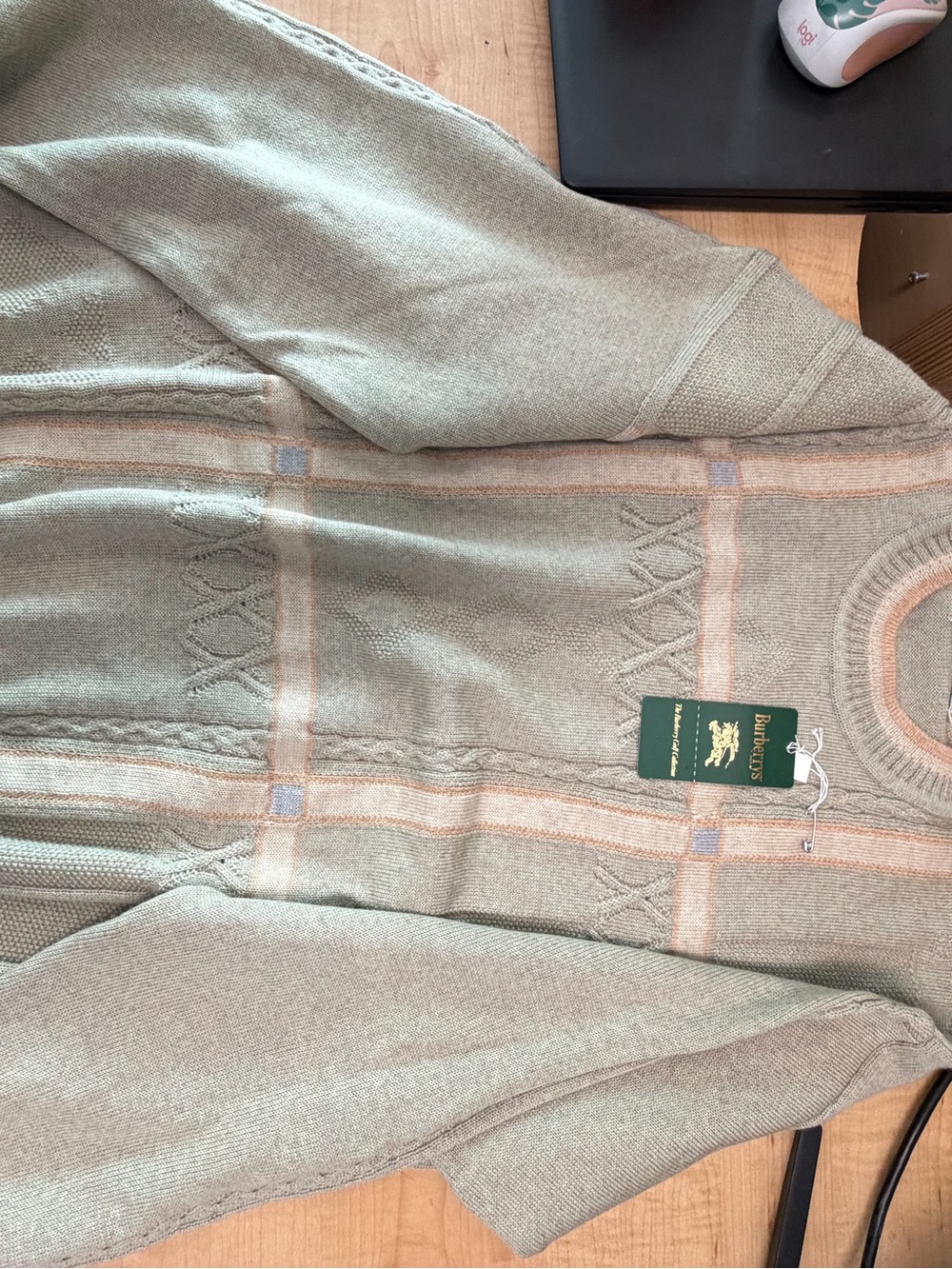 New Burberry Crewneck Sweater with Cream & Tan Plaid Trim